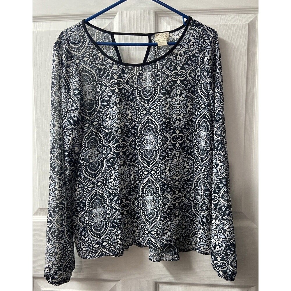 Eyelash Top Blue Floral Semi Sheer Long Sleeved Career Office Womens Large